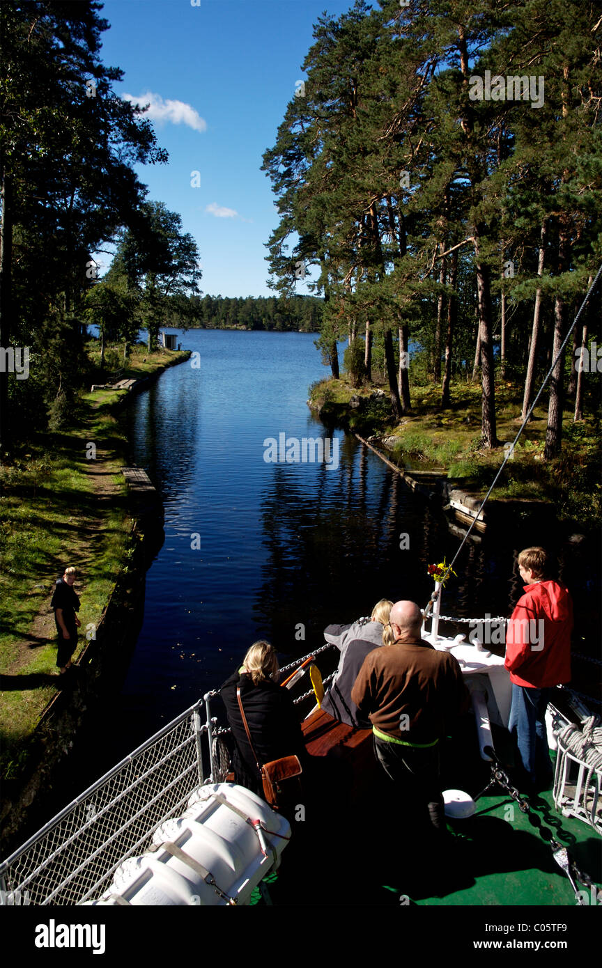 On board M/S Wilhelm Tham on Spetsnäs canal opening up into Lake Viken, Sweden Stock Photo