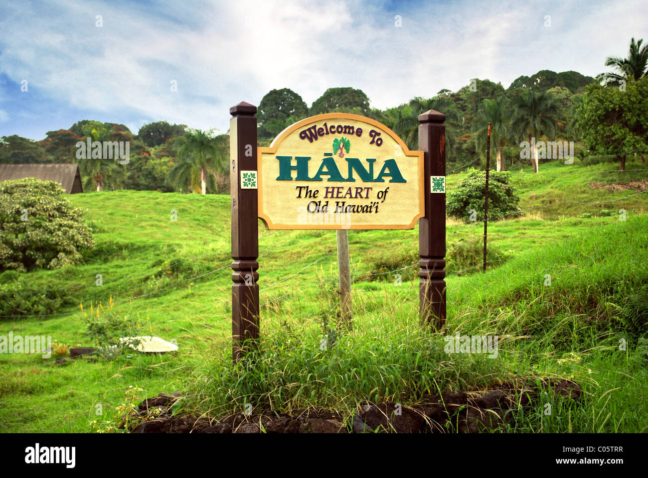 Sign welcoming visitors to Hana, 