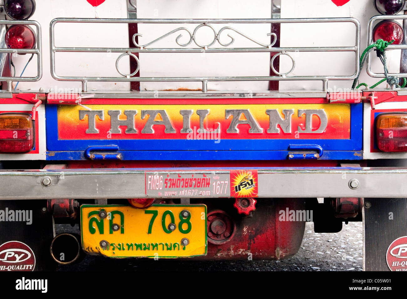 Tuk Tuk (traditional taxi) back panel with traditional 'Thailand' logo, Bangkok, Thailand Stock Photo