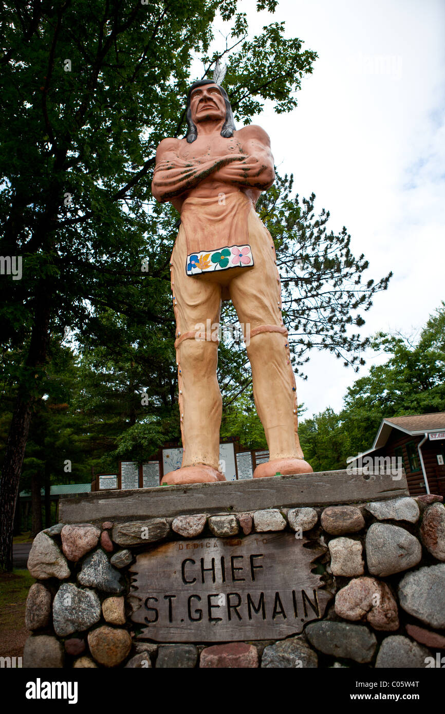 Statue of Chief St. Germain in the Northwoods of Wisconsin Stock Photo