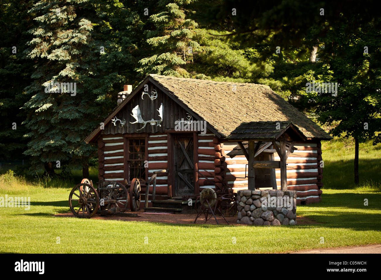 Old log cabin in the Northwoods of Wisconsin. Stock Photo