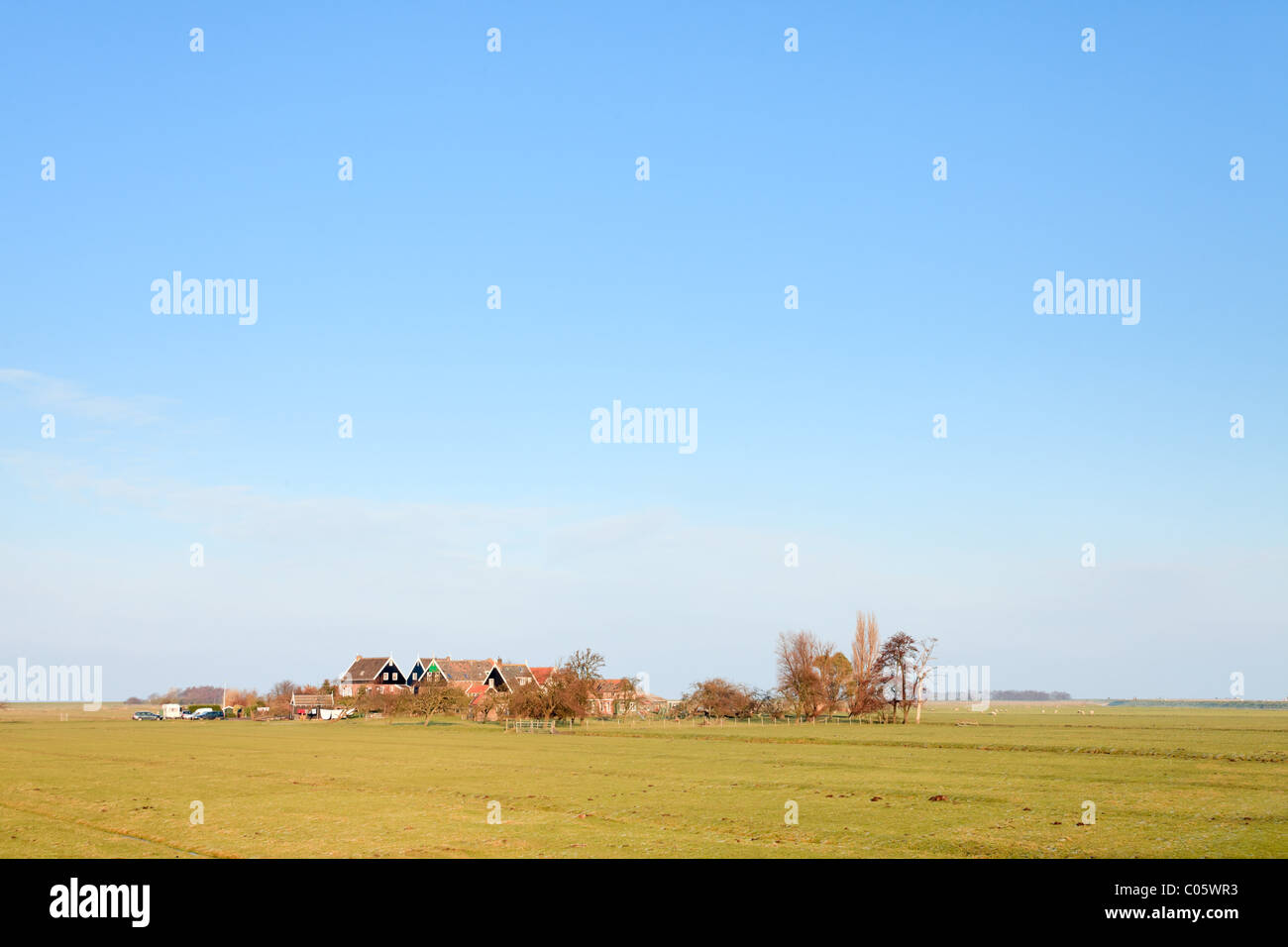 Old dutch houses in farmland on a cold winters day under blue sky. Stock Photo