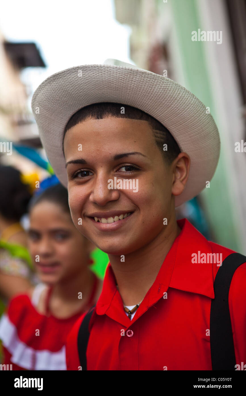 A young man dressed in traditional Puerto Rican costume at the Festival of San Sebastian in San Juan, Puerto Rico. Stock Photo