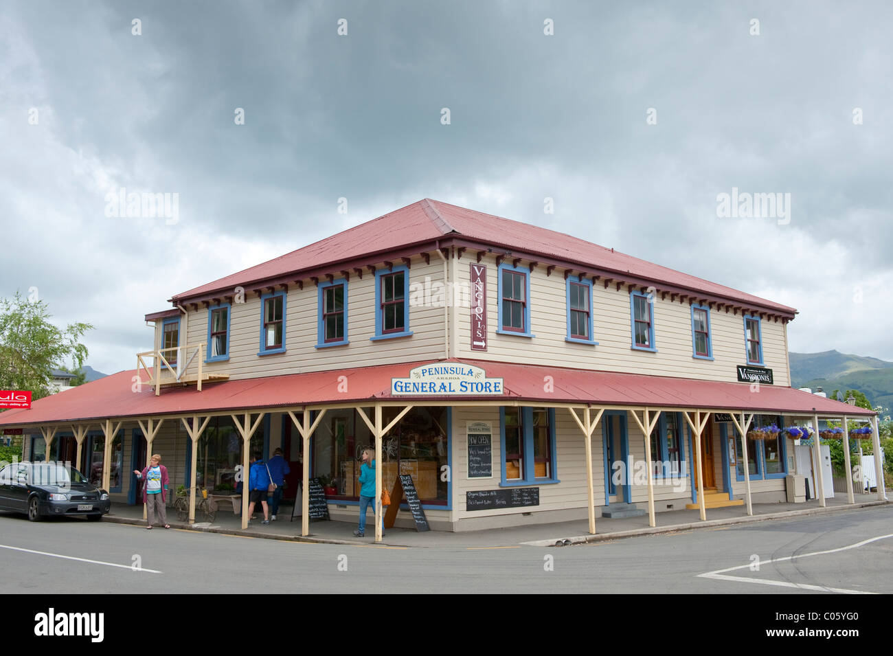Weather boarded wooden General Store at Akaroa, Banks Peninsular New Zealand Stock Photo