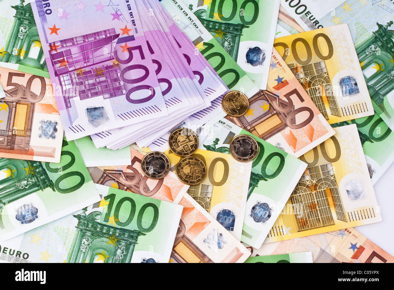 Many euro banknotes background Stock Photo