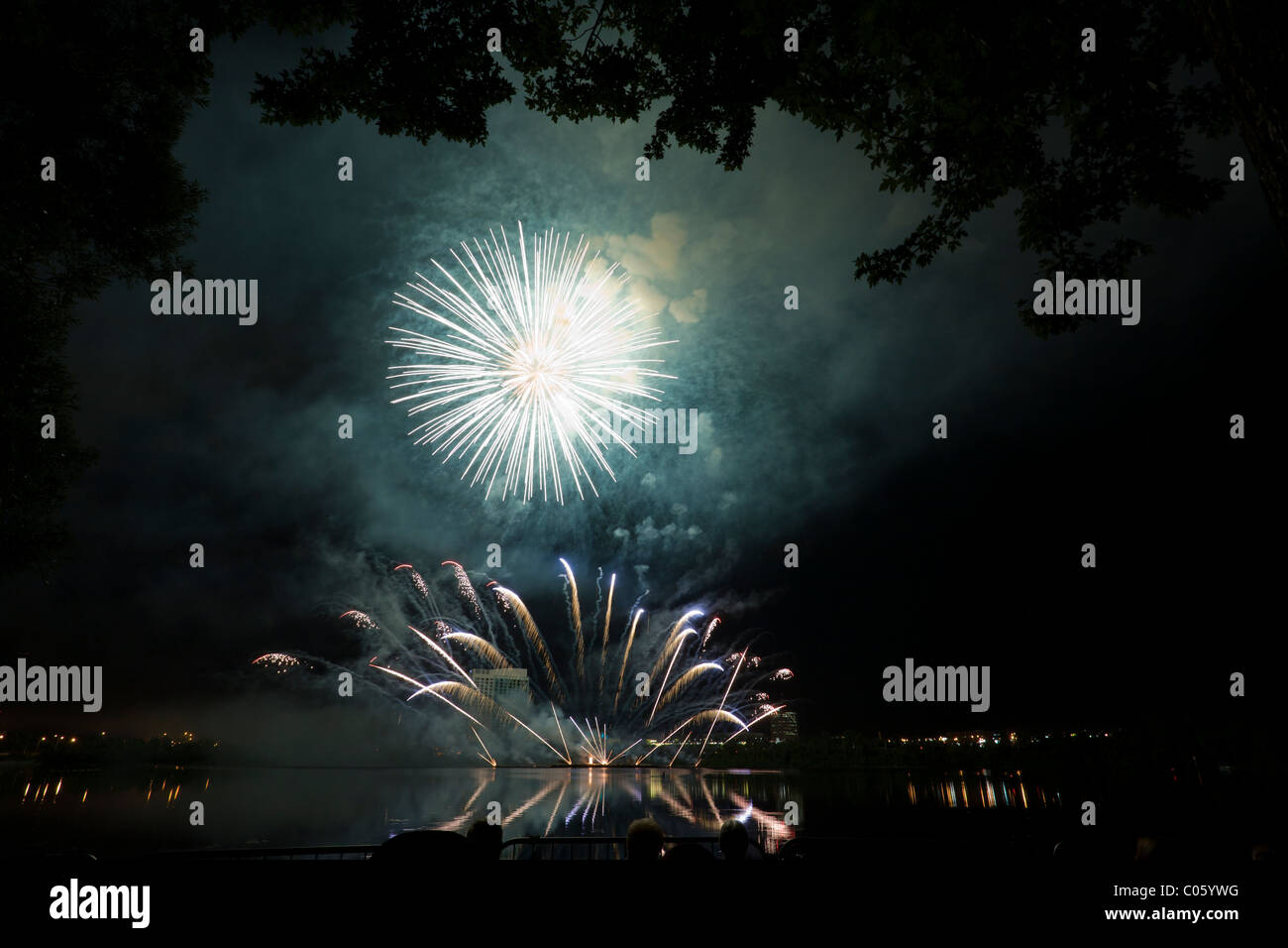 Fireworks finale over Lac Leamy from a barge. Les grands feux du Casino du Lac-Leamy an annual competition Stock Photo