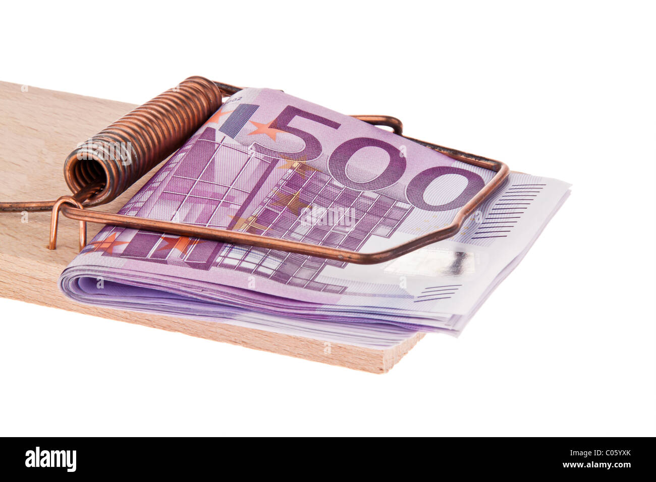 Euro bank notes in a mousetrap. Stock Photo