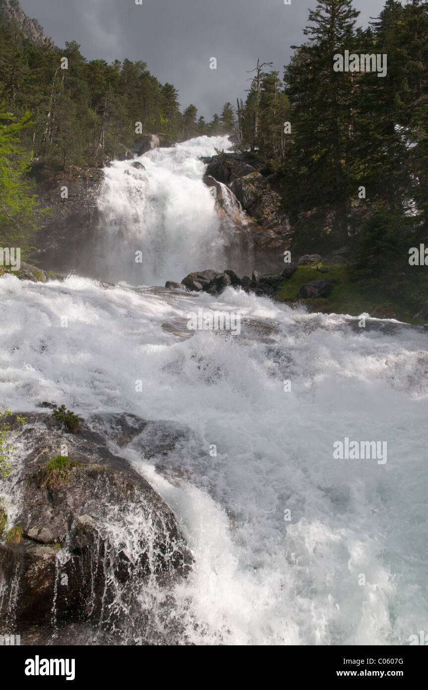 Waterfalls at Pont d'Espagne. Near Cauterets. Park National des Pyrenees, The Pyrenees, France. June. Stock Photo