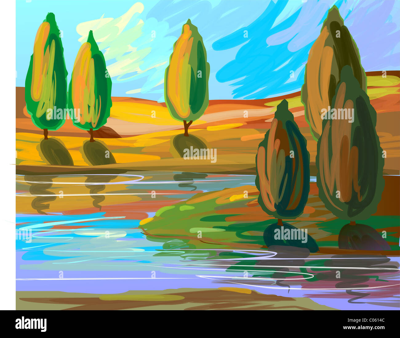 Digital painting of trees along the river side. The artist is experiencing the beauty of the scenery with trees and the river. Stock Photo
