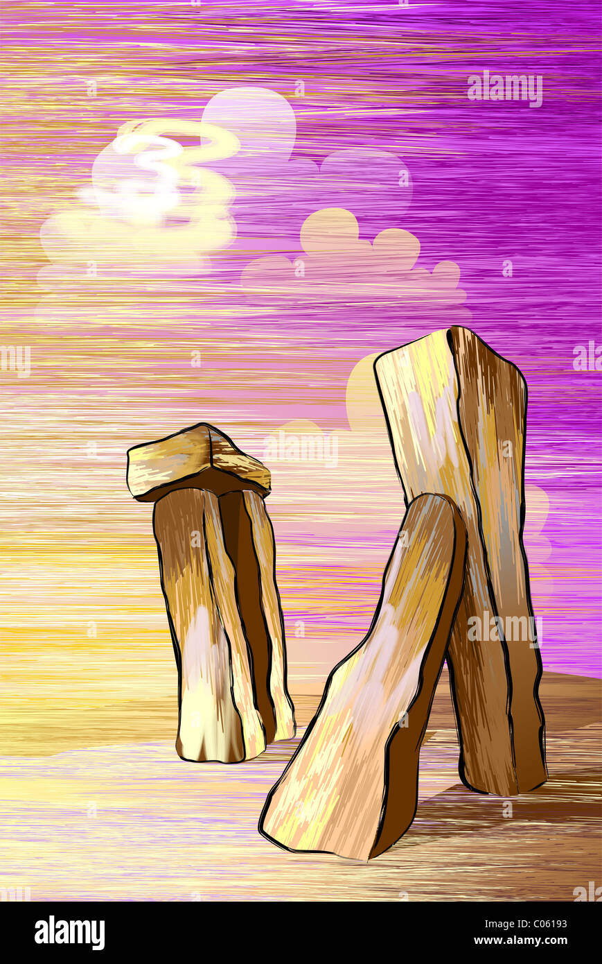 Digital painting of stone in colour background. The artist is experiencing the beauty of the pillar stones. Stock Photo