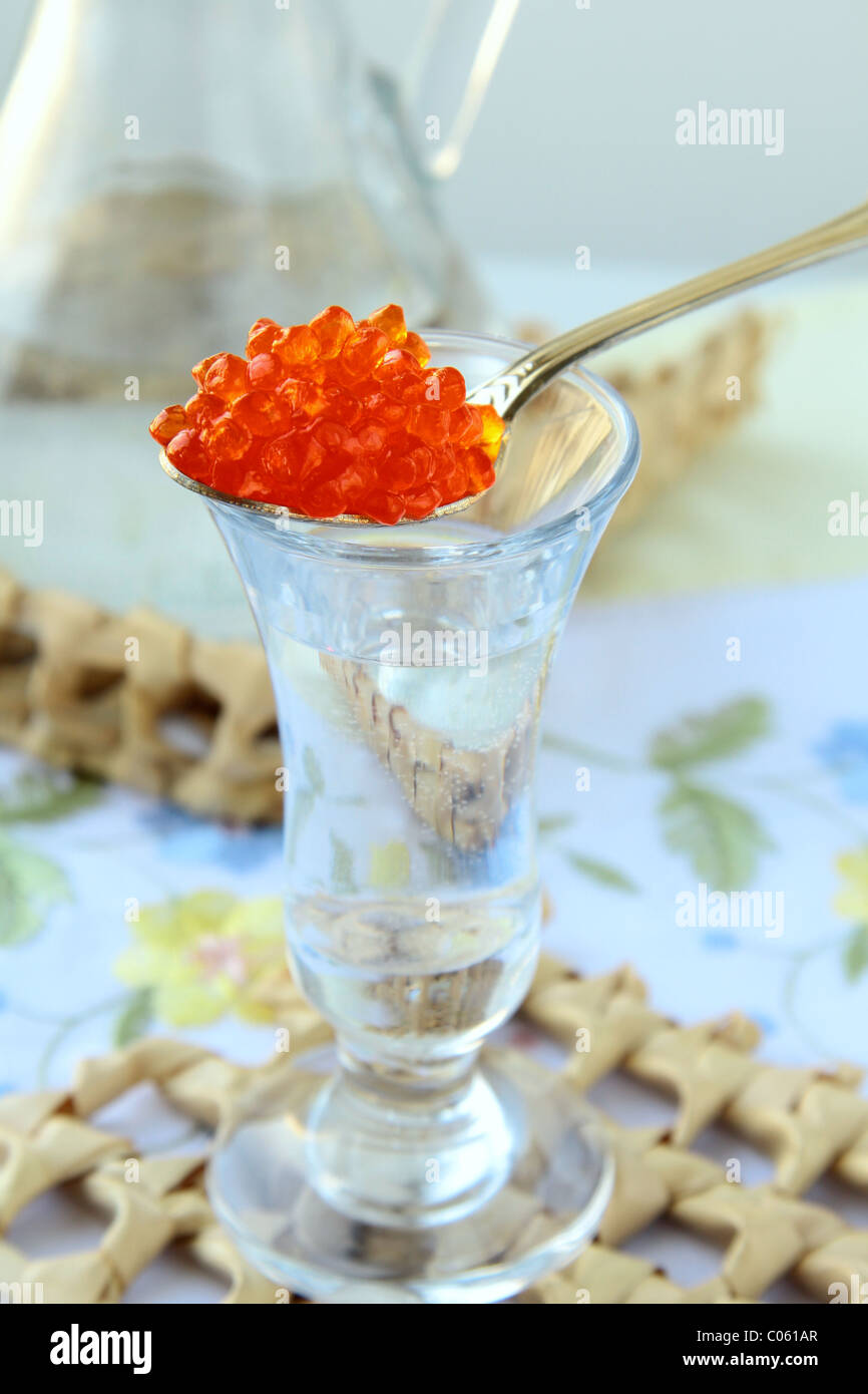 Russian vodka with a dollop of red caviar traditional appetizer Stock Photo