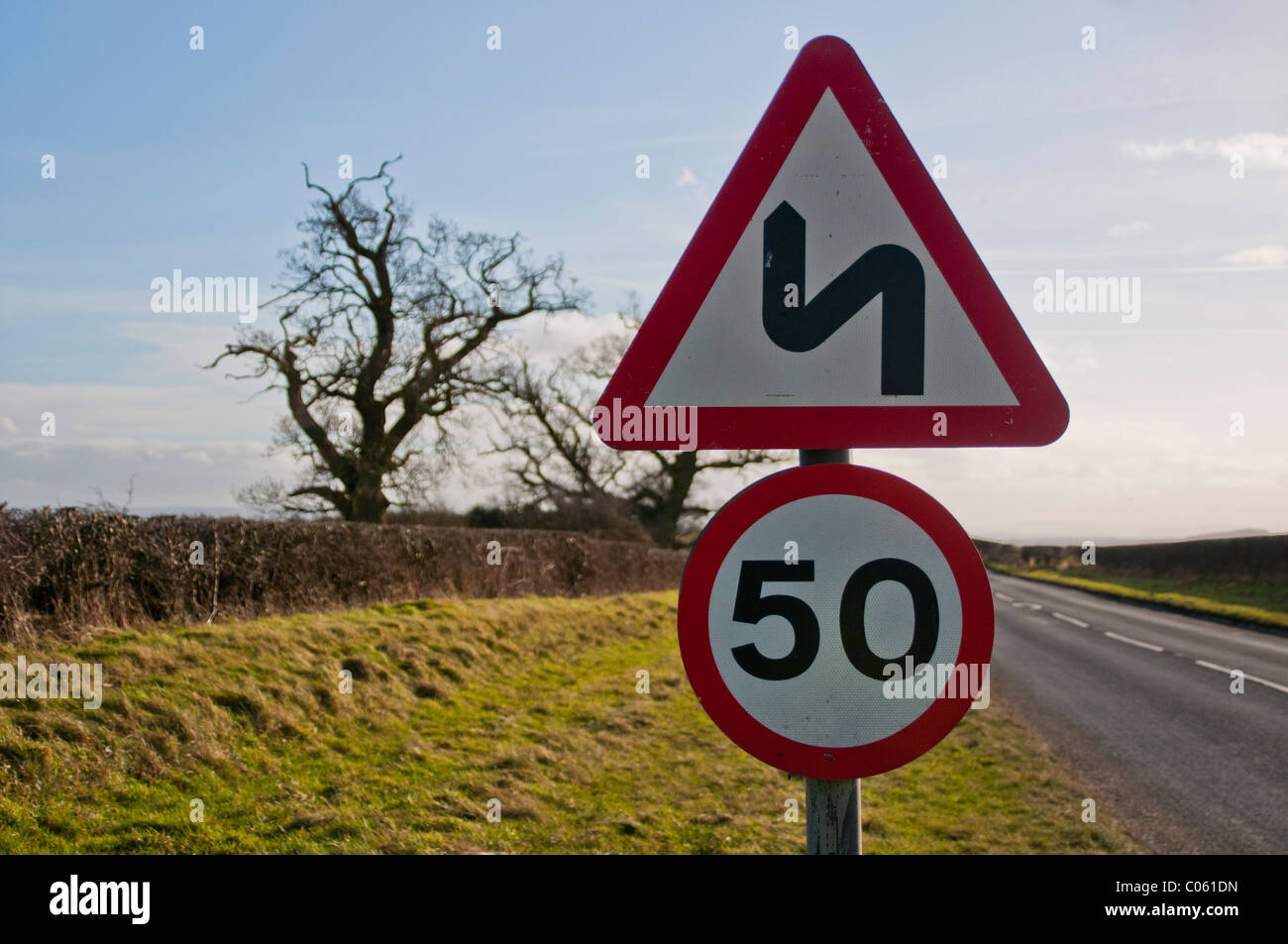 S bend & 50 speed limit road sign Stock Photo