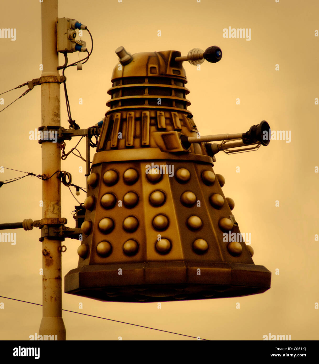 Doctor Who Dalek hanging from a lamp post in Blackpool Stock Photo