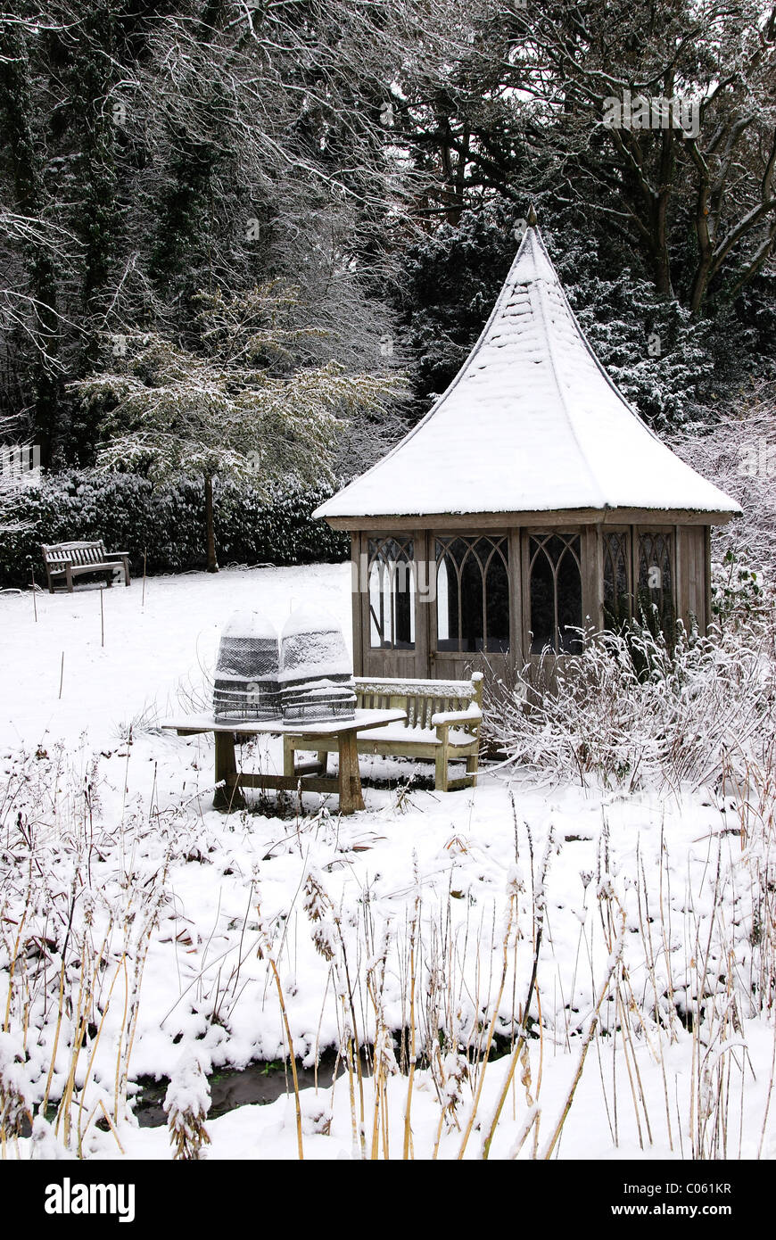 Formal garden in winter after snowfall. Dorset, UK December 2010 Stock Photo