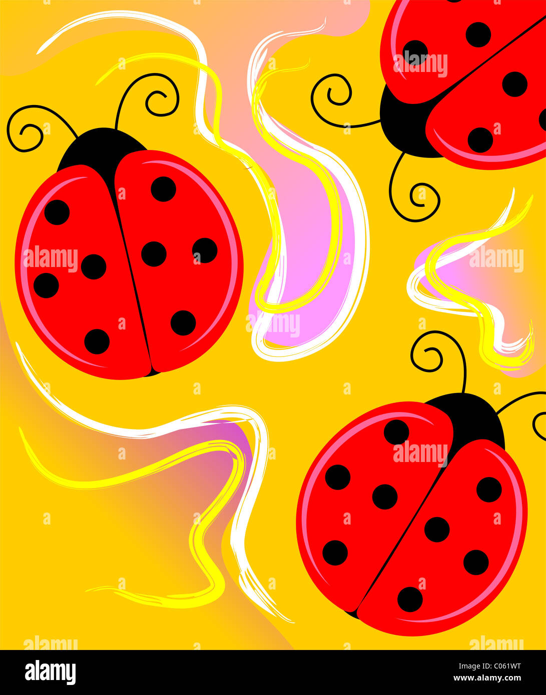 Digital painting of three ladybirds. The artist is feeling the sense of beauty and togetherness of the ladybirds. Stock Photo
