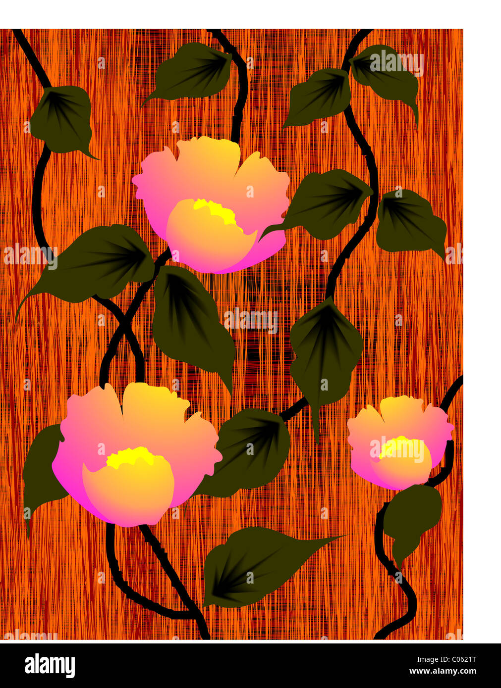Digital painting of flowers and leaves. The artist is feeling the beauty of the bunch of flowers and the leaves. Stock Photo