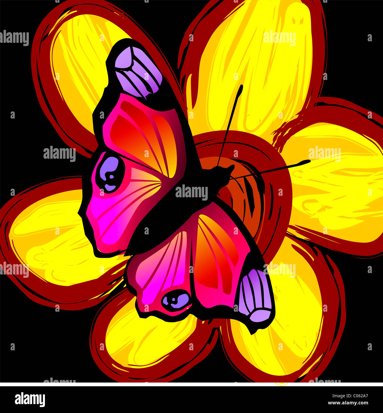 Digital painting of butterfly sitting on a flower. The artist is experiencing the beauty of the butterfly along with flower. Stock Photo