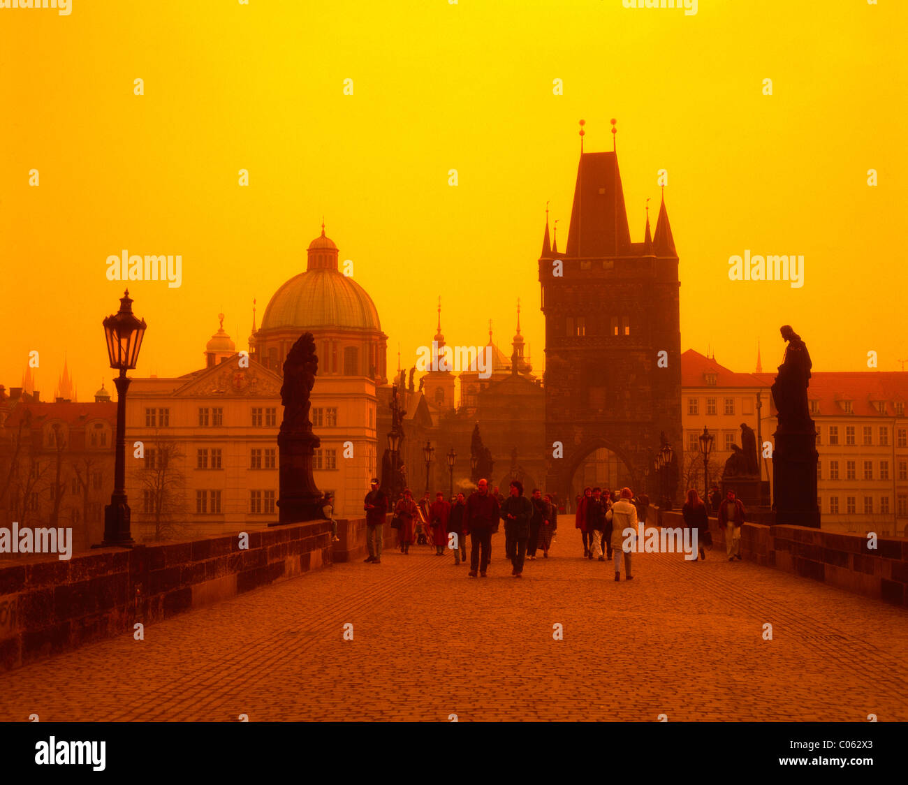 Czech Republic, Prague, view across Charles Bridge in early morning during winter Stock Photo