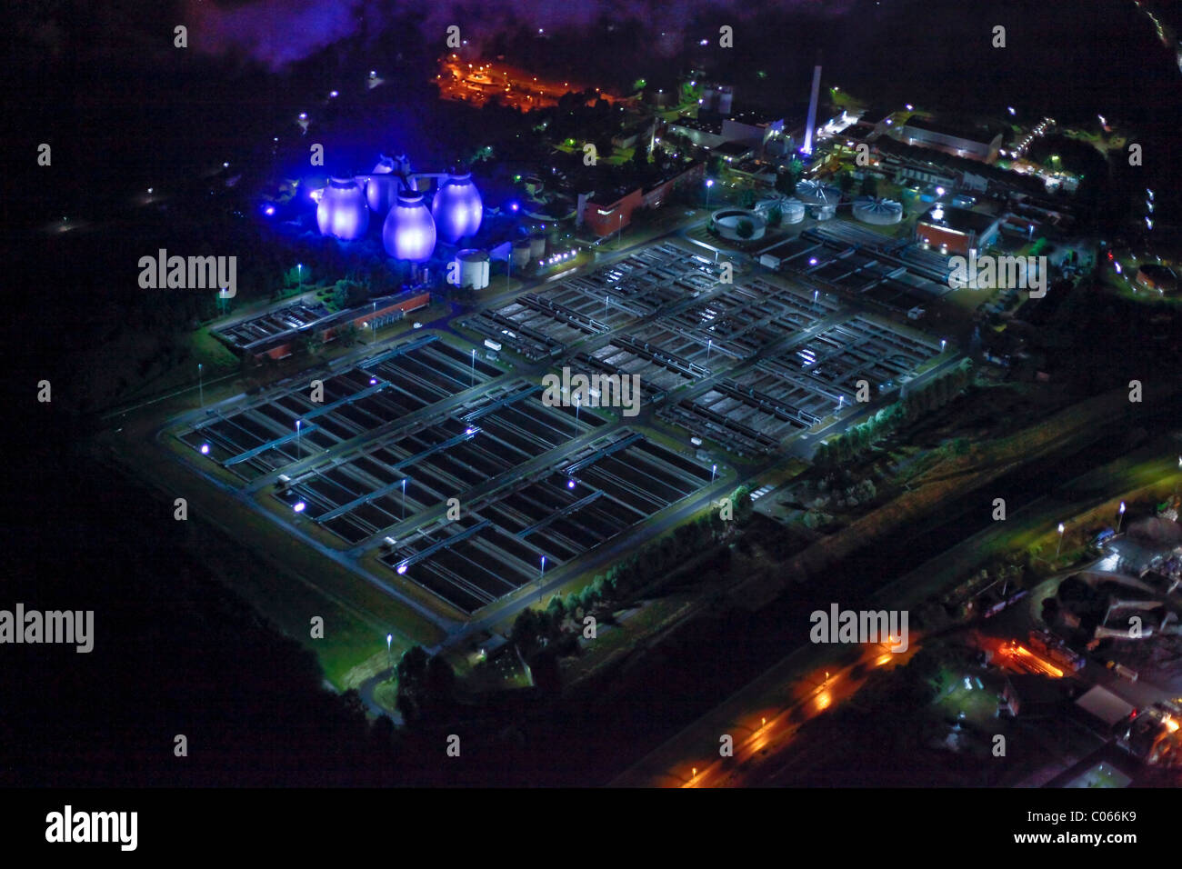 Aerial view, night shot, Emscher sewage treatment plant, Extraschicht 2010, night of industrial culture, summer festival of the Stock Photo