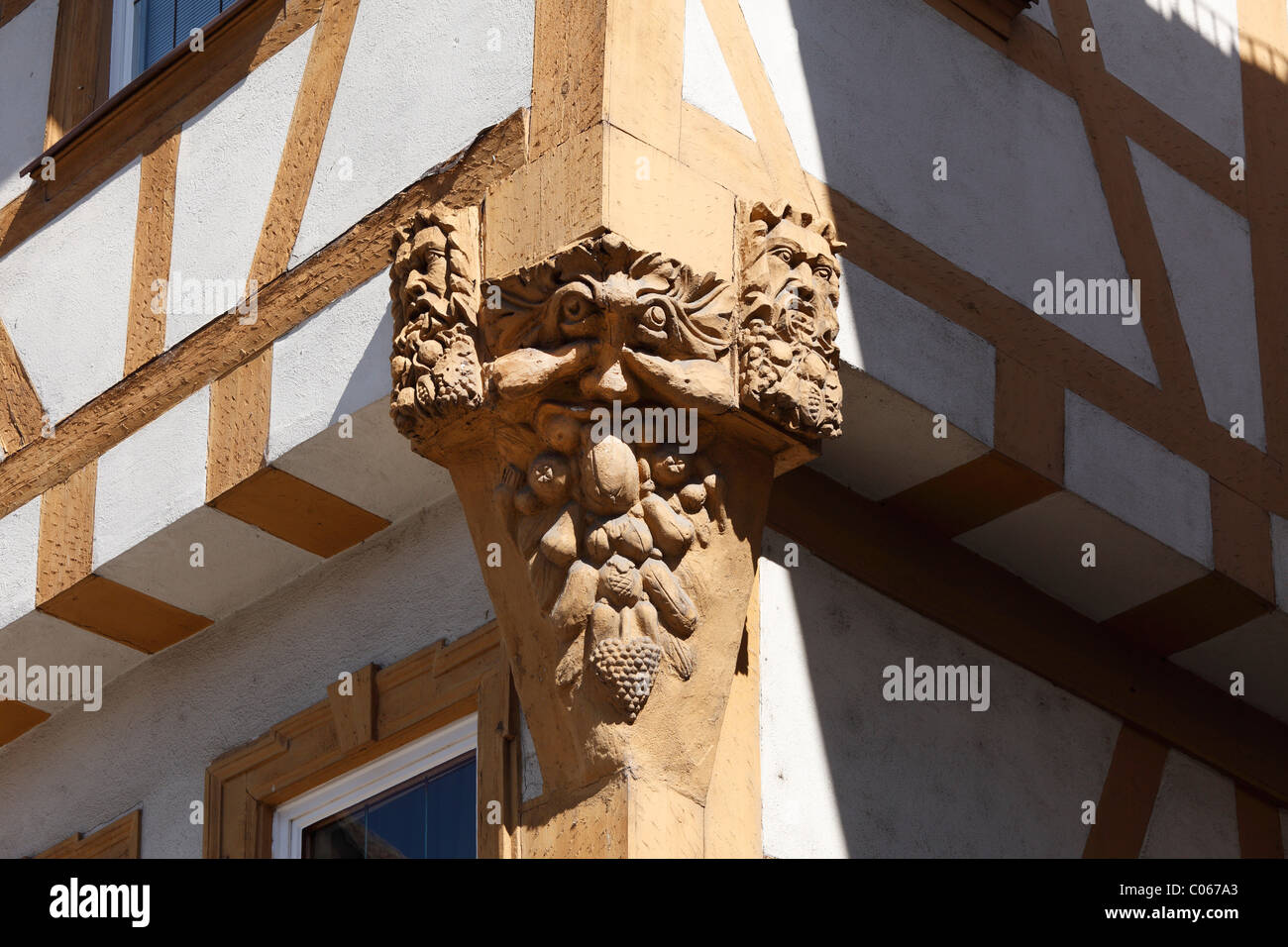 Carvings on a half-timbered house, Ochsenfurt, Mainfranken, Lower Franconia, Franconia, Bavaria, Germany, Europe Stock Photo