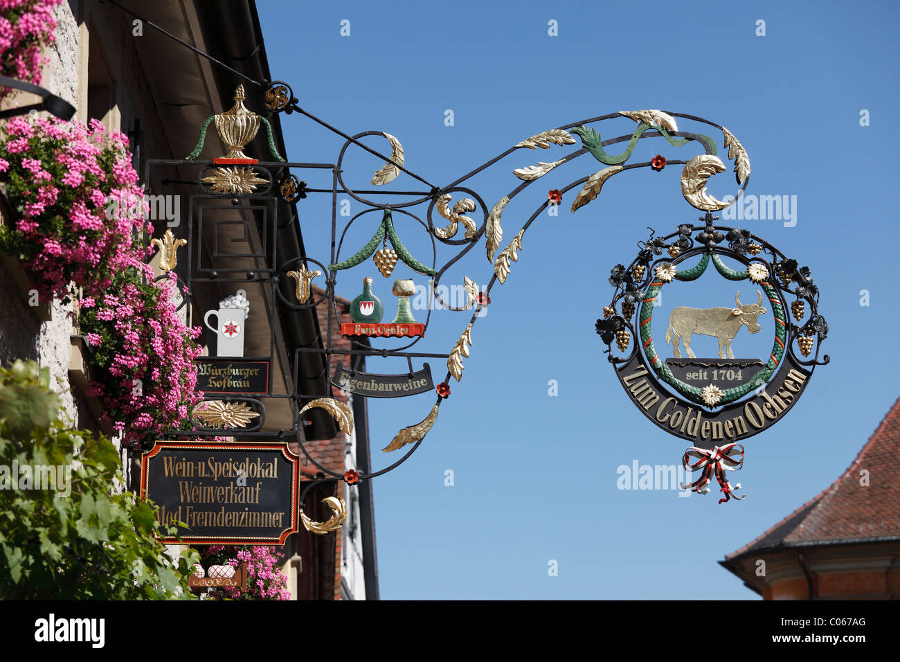The Golden Ox restaurant sign, Sommerhausen, Mainfranken, Lower Franconia, Franconia, Bavaria, Germany, Europe Stock Photo