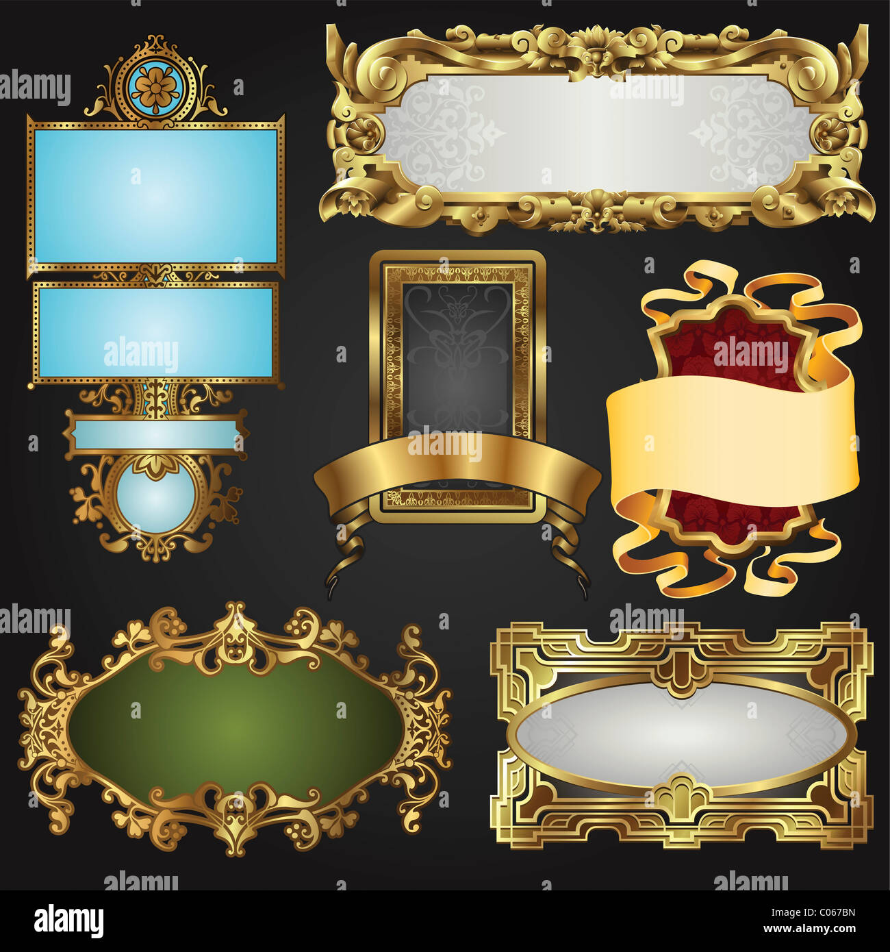 Vintage retro glossy gold frames and labels in a variety of retro antique styles. Stock Photo