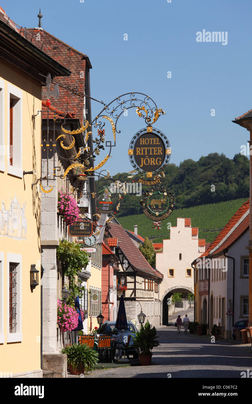 Main street and Wuerzburg Gate, Sommerhausen, Mainfranken, Lower Franconia, Franconia, Bavaria, Germany, Europe Stock Photo