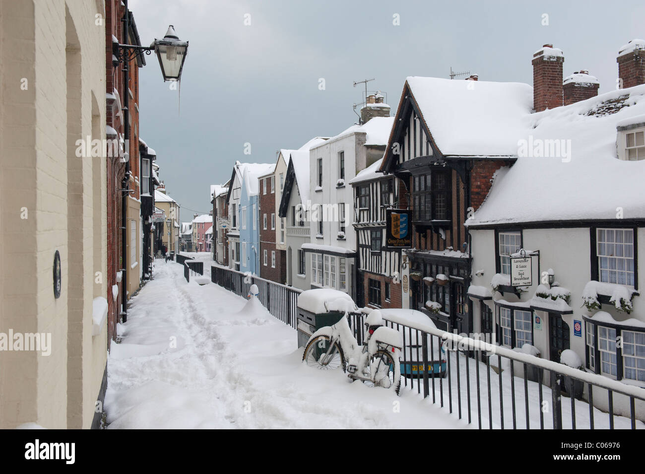 Snow covered All Saints Street Old Town Hastings East Sussex England