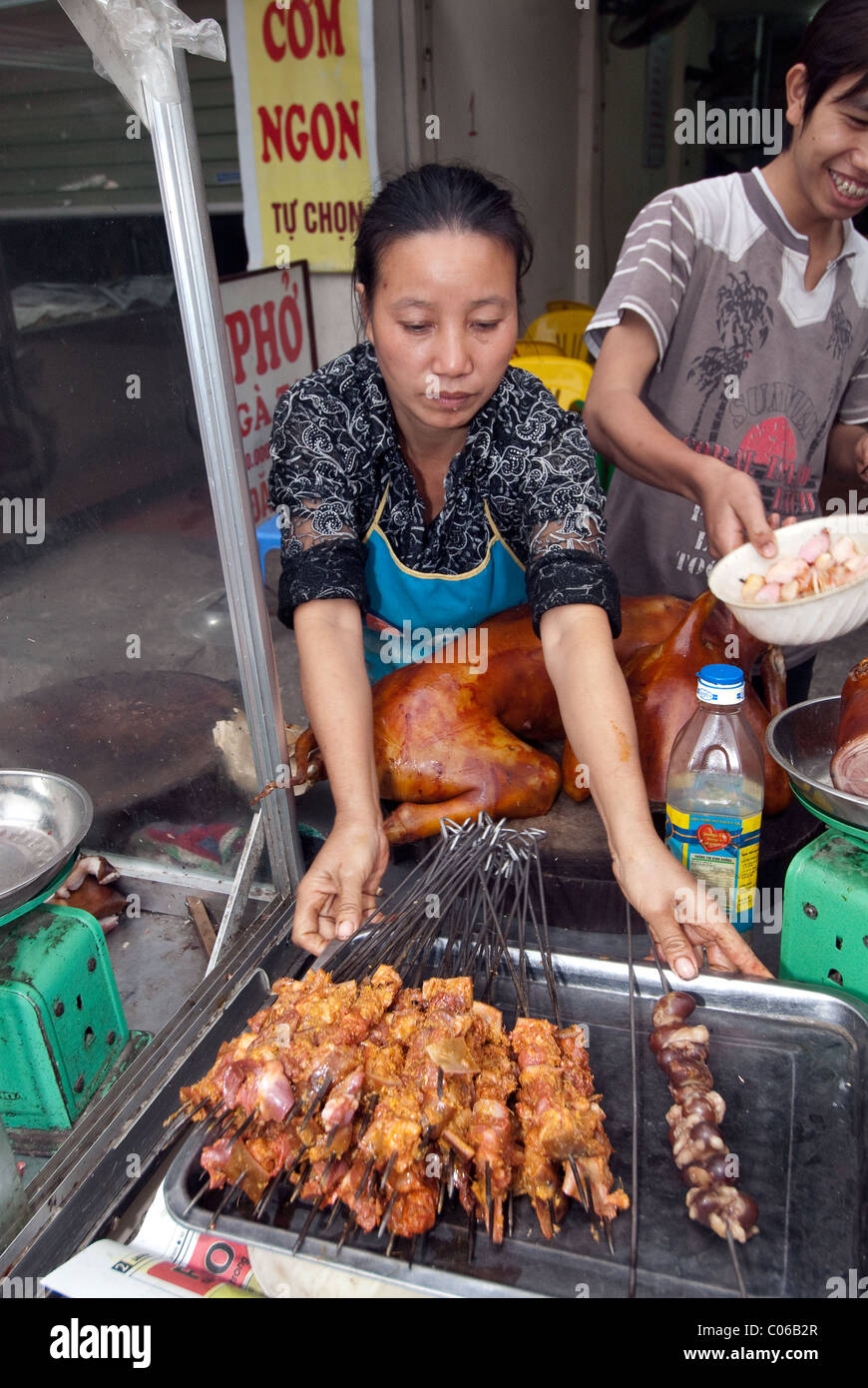 Dog restaurant. Hanoi. Vietnam. Dog meat kebabs Stock Photo