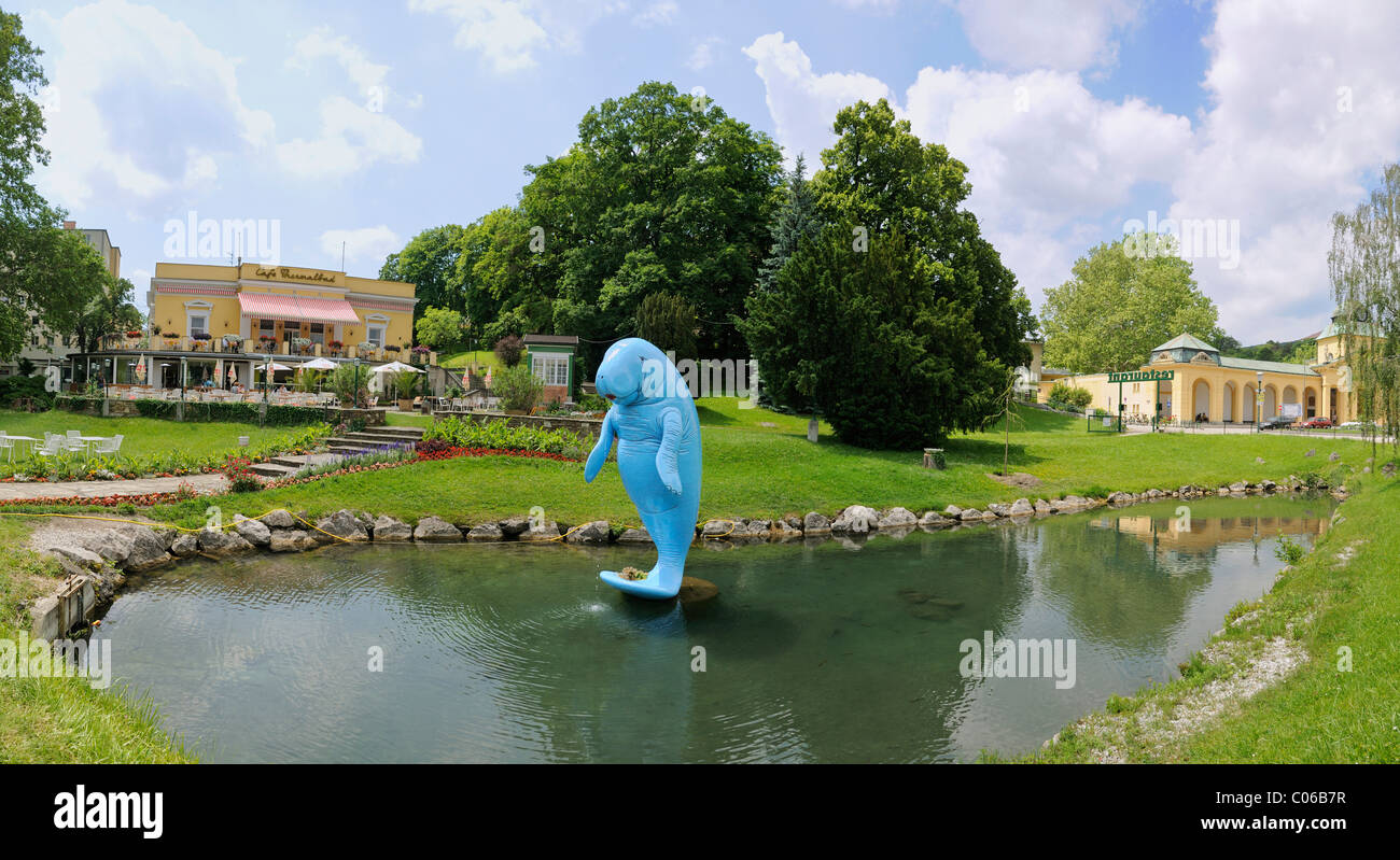 Blue Sea Cow statue, Linda, in the pond in front of Cafe Thermalbad, Bad Voeslau, Lower Austria, Austria, Europe Stock Photo