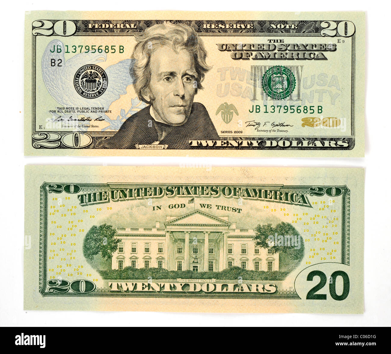 20 U.S. dollar banknote, front and back Stock Photo