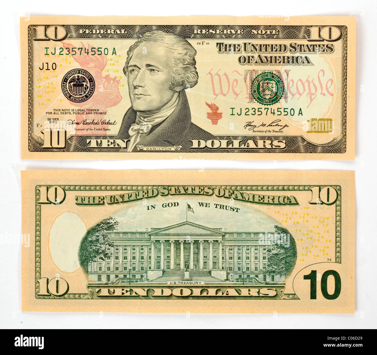 10 U.S. dollar banknote, front and back Stock Photo