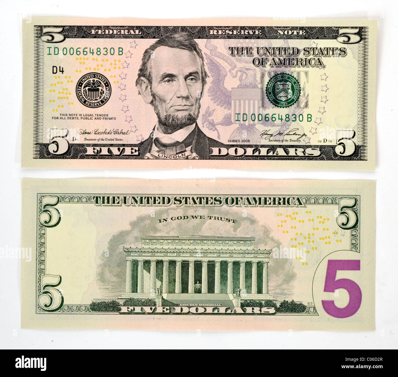 5 U.S. dollar banknote, front and back Stock Photo