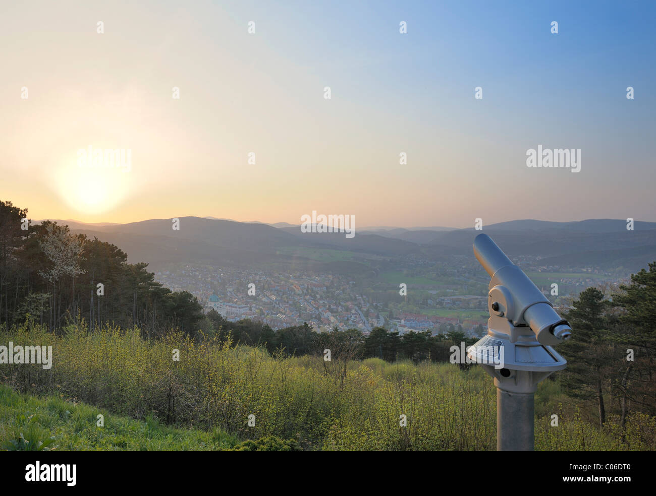 Coin-operated telescope overlooking Berndorf, Guglzipf lookout, Triestingtal valley, Lower Austria, Austria, Europe Stock Photo