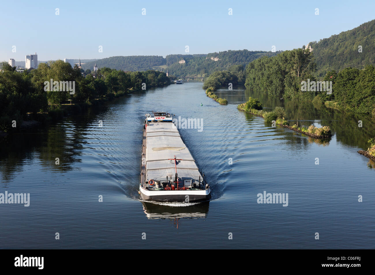 Cargo boat on the Main river, Karlstadt, Main-Franconia region, Lower Franconia, Franconia, Bavaria, Germany, Europe Stock Photo