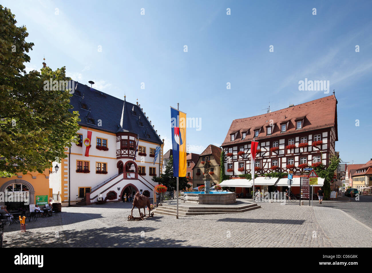 Market square with town hall, Volkach, Main-Franconia region, Lower Franconia, Franconia, Bavaria, Germany, Europe Stock Photo