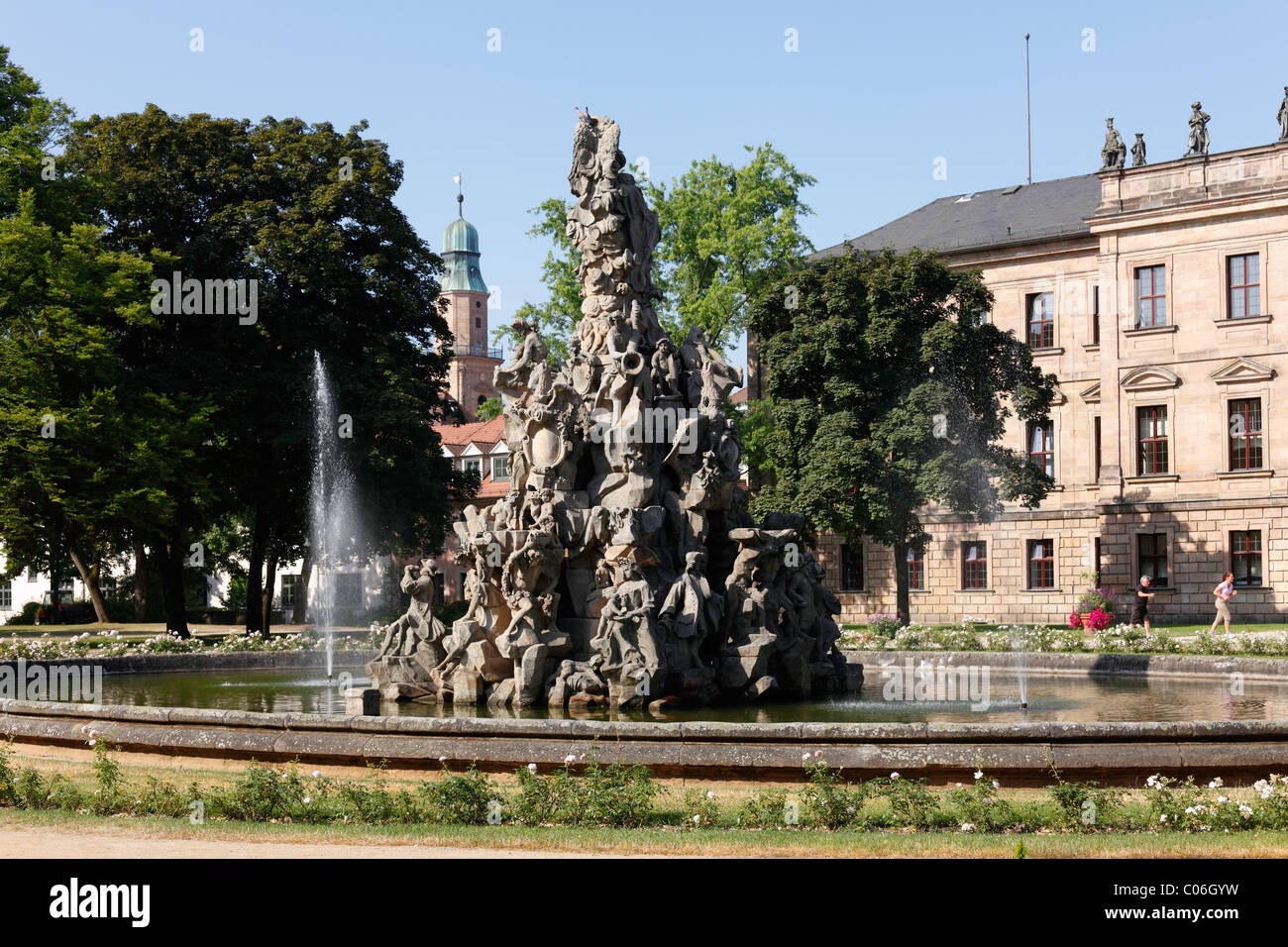 Hugenottenbrunnen Fountain in the palace garden, Erlangen, Franconia, Bavaria, Germany, Europe Stock Photo