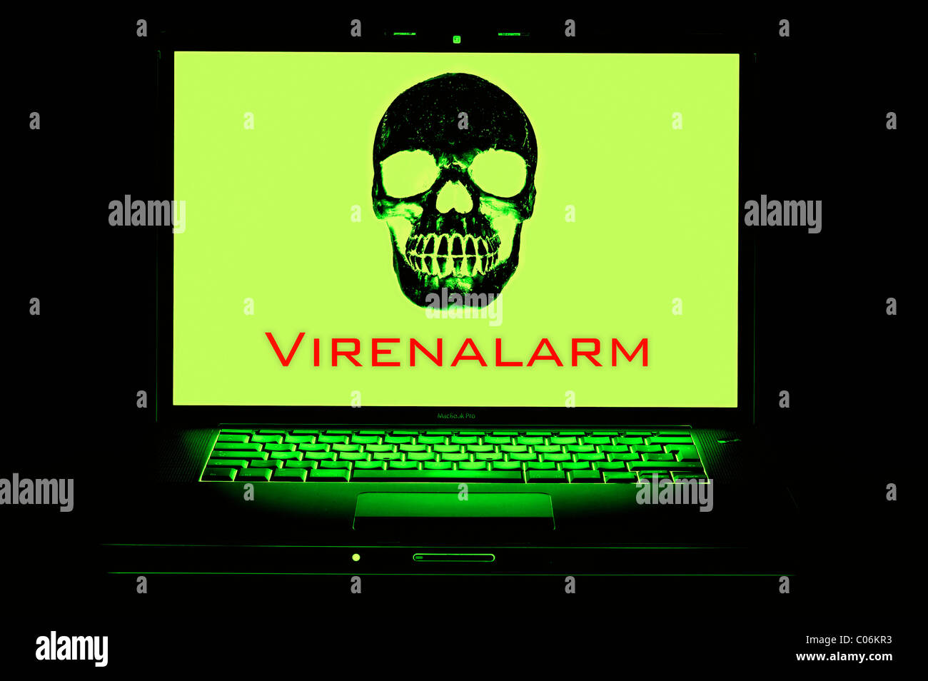 Skull on a computer screen, virus alarm, danger through the Internet, symbolic image Stock Photo