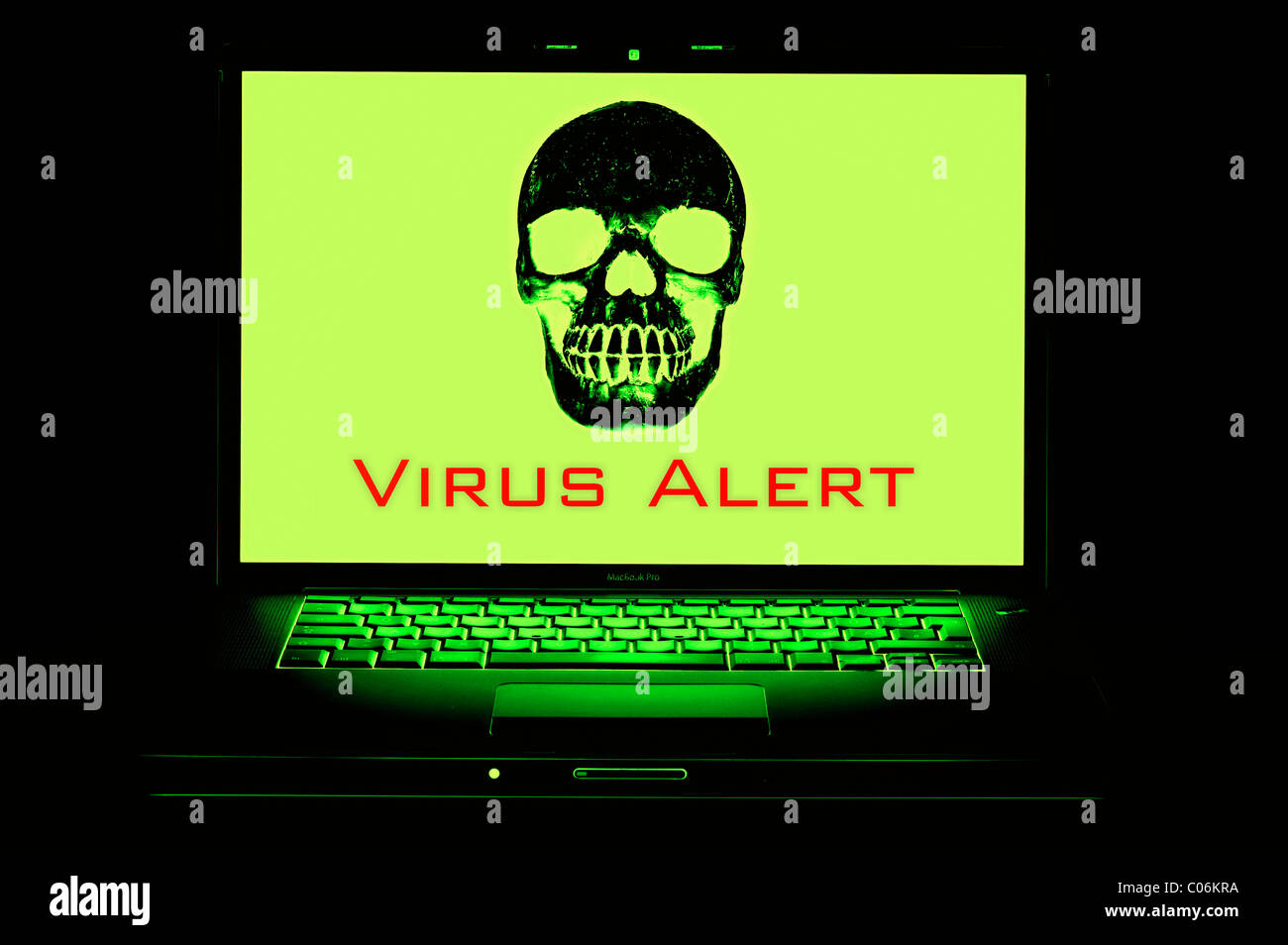 Skull on a computer screen, virus alert, danger through the Internet, symbolic image Stock Photo