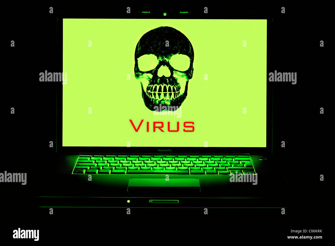 Skull on a computer screen, virus, danger through the Internet, symbolic image Stock Photo