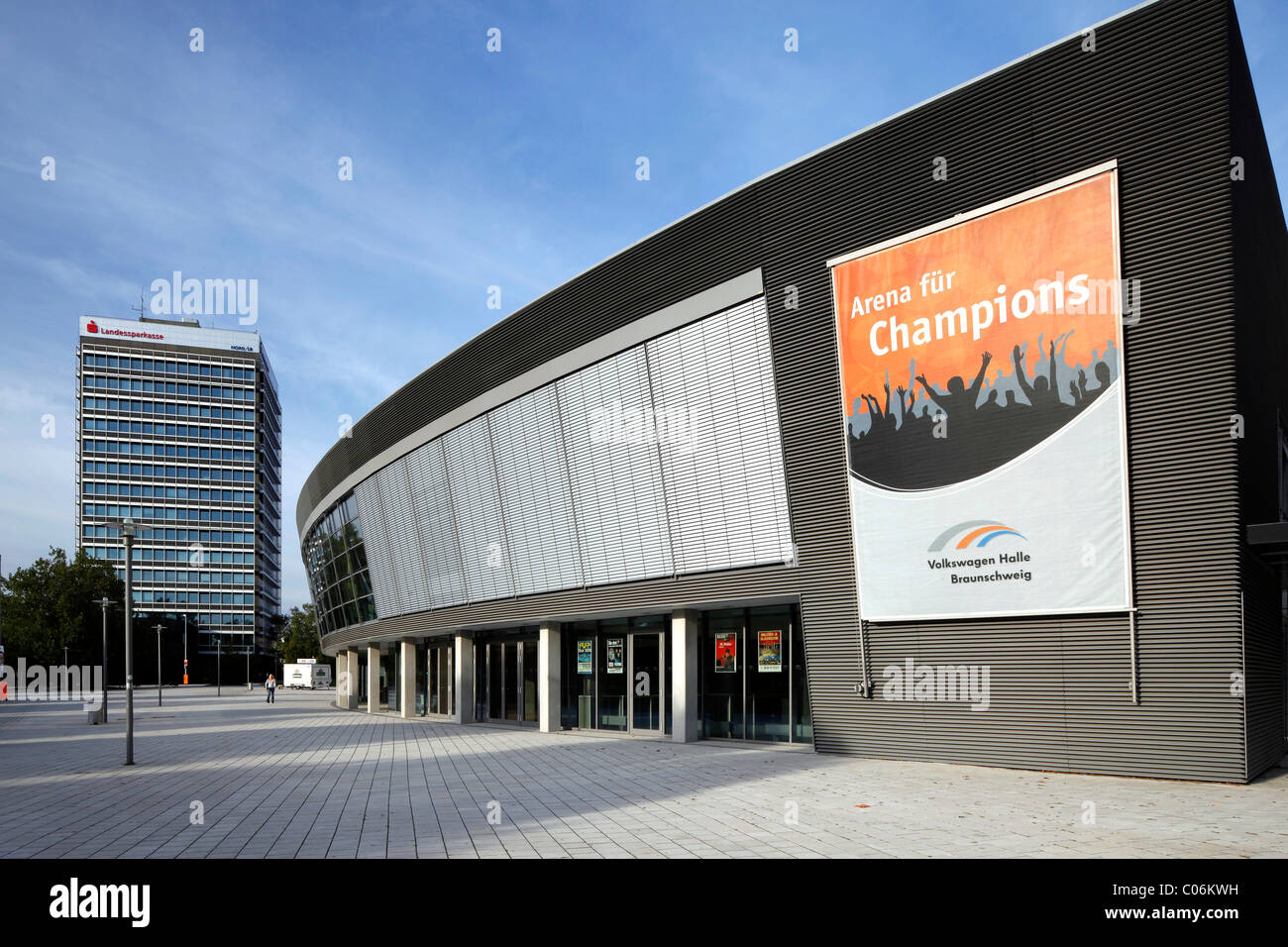 Volkswagen Halle sporting arena, high-rise building of the Landessparkasse state savings bank, Braunschweig, Brunswick Stock Photo