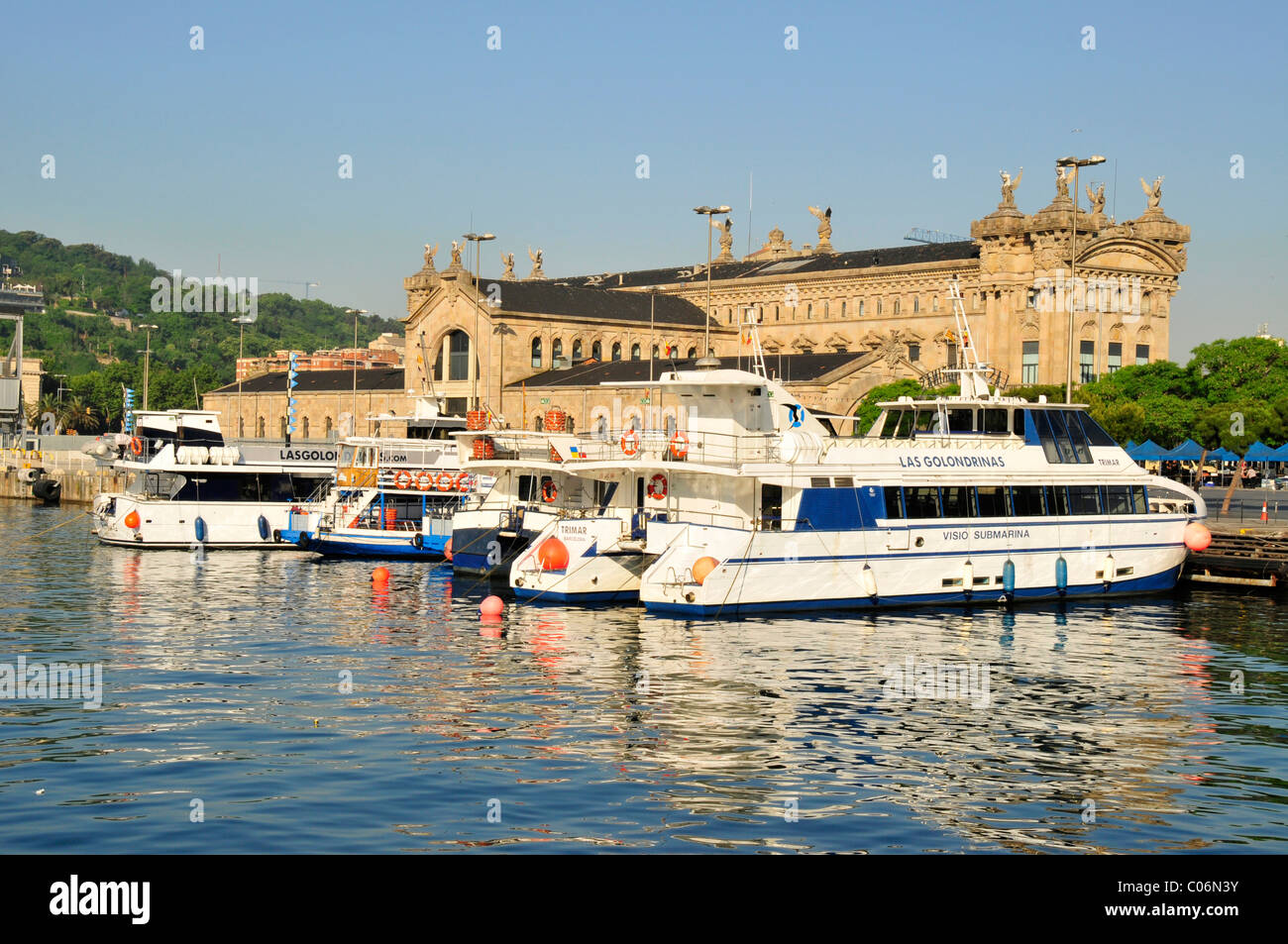 Excursion boats in the Old Port, Barcelona, Spain, Iberian Peninsula, Europe Stock Photo