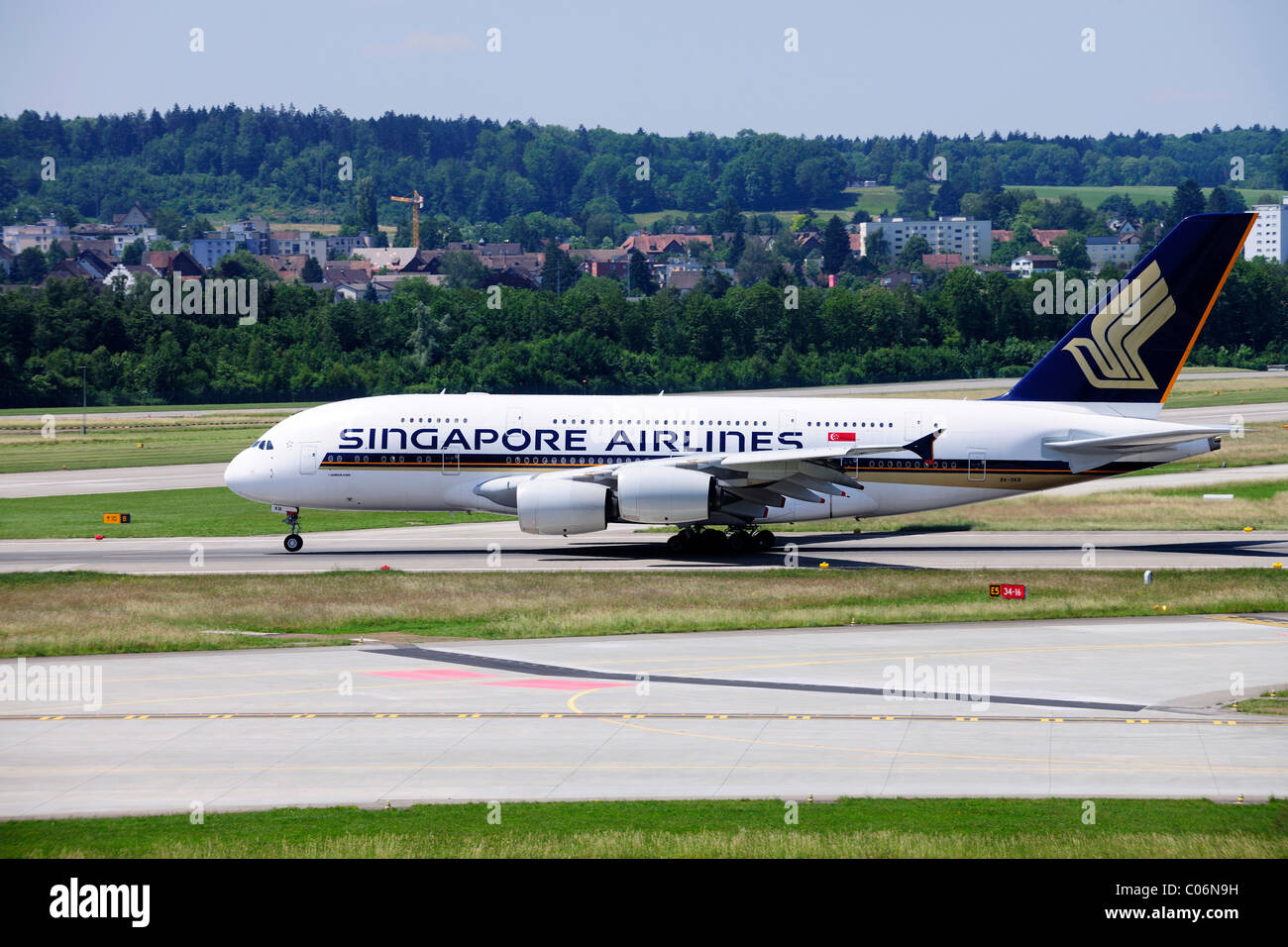 Airbus 380 from Singapore Airlines during take-off, Zurich Airport, Switzerland, Europe Stock Photo