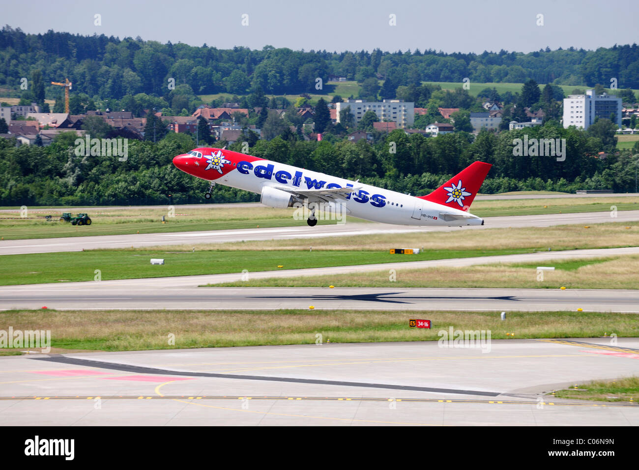 Airbus 320 from Edelweiss Air taking off, Kloten Airport, Switzerland, Europe Stock Photo