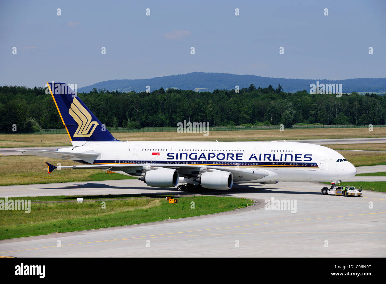Airbus 380 being pushed from the gate to the runway, Zurich Airport, Switzerland, Europe Stock Photo