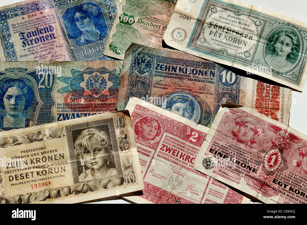 Kronen banknotes, Austro-Hungarian Bank and the Protectorate of Bohemia and Moravia, 1915-1942, Europe Stock Photo
