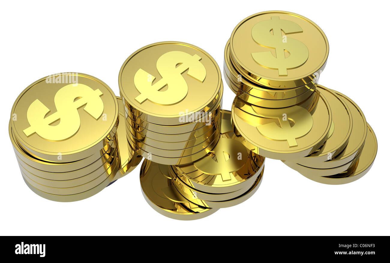 Stacks of gold Dollar coins isolated on a white background Stock Photo ...