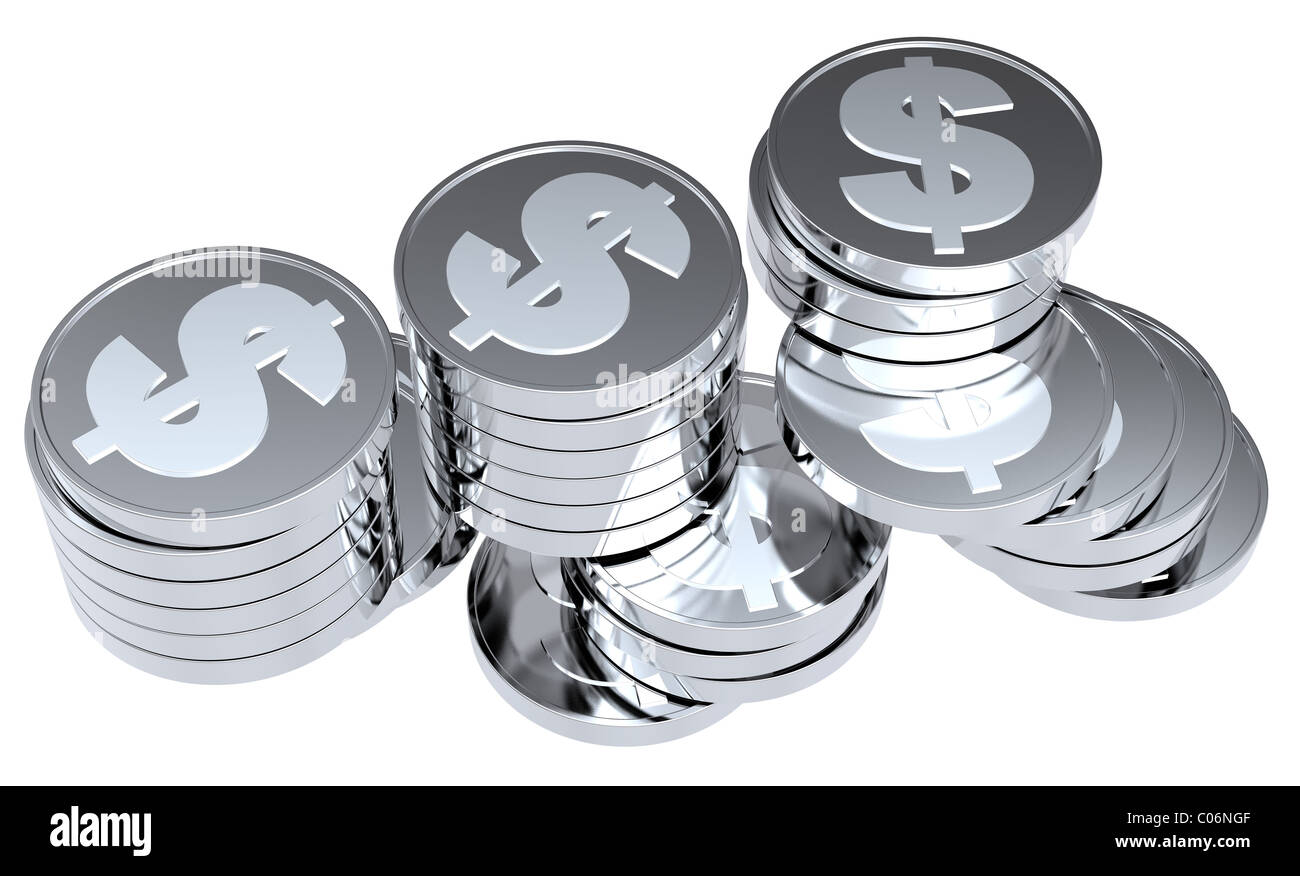 Stacks of silver Dollar coins isolated on a white background Stock ...