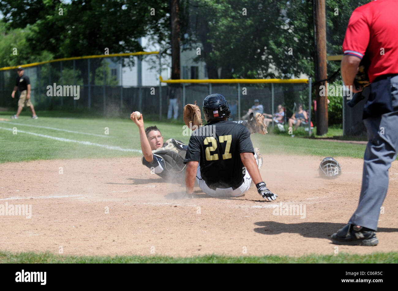 high school baseball game catcher outs base runner USA Stock Photo Alamy