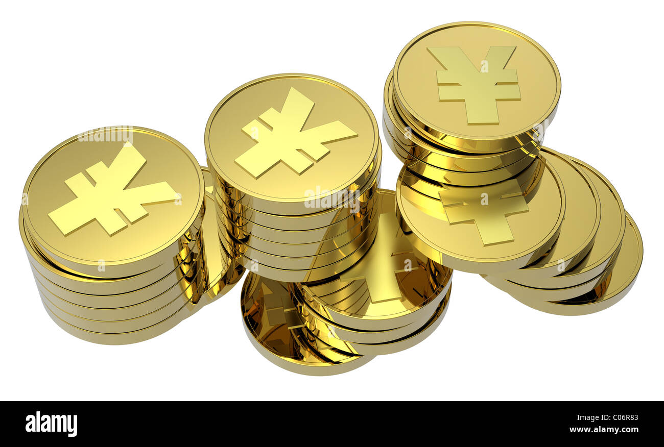 Stacks of gold Yen coins isolated on a white background Stock Photo - Alamy